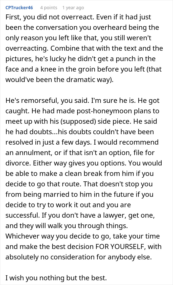 Comment about couple split at altar after bride overhears groom's unexpected revelations, sharing advice and support for tough decisions.