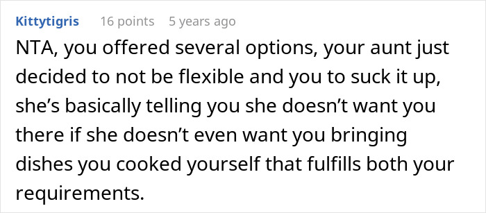 Comment discussing lack of flexibility in providing no vegan options for Christmas Eve dinner at a family gathering. Comment discussing lack of flexibility in providing no vegan options for Christmas Eve dinner at a family gathering.