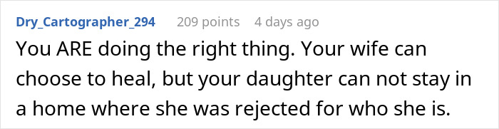 Screenshot of a Reddit comment advising that the wife can choose to heal, but the daughter cannot stay where she is rejected in a transphobic family.