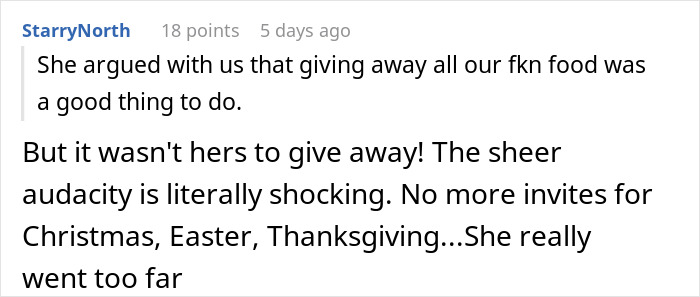 Reddit comment discussing a couple hosting an expensive Thanksgiving dinner and losing their planned leftovers.
