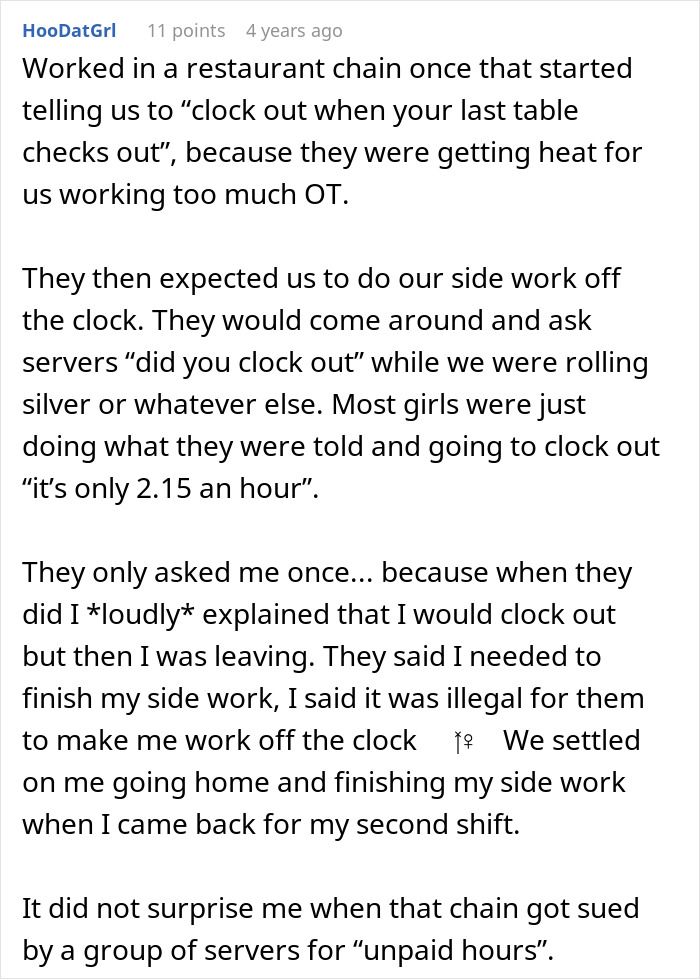 Text post about a manager imposing rules on workers, leading to conflict and a lawsuit over unpaid hours. Text post about a manager imposing rules on workers, leading to conflict and a lawsuit over unpaid hours.