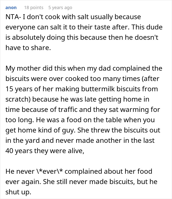 Comment discussing a woman rethinking her relationship after her boyfriend salts the entire pot of chili. Comment discussing a woman rethinking her relationship after her boyfriend salts the entire pot of chili.