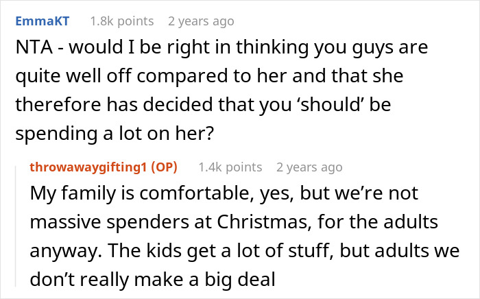 Reddit discussion about Christmas gift list spending, focusing on family comfort and adult gift expectations. Reddit discussion about Christmas gift list spending, focusing on family comfort and adult gift expectations.