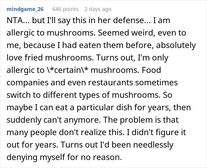 Screenshot of a Reddit comment discussing food allergies and the challenge of identifying sudden allergic reactions to certain mushrooms. Screenshot of a Reddit comment discussing food allergies and the challenge of identifying sudden allergic reactions to certain mushrooms.