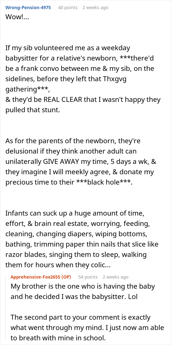 Reddit user discussing conflicts over babysitting expectations and a couple wanting to keep gym time without sacrificing hobbies.