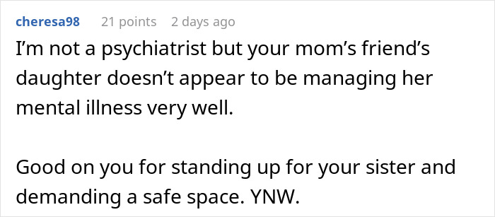 Comment about mom friend Christmas daughter dinner situation, mentioning mental health concerns and standing up for sister.