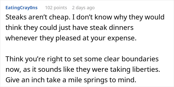 Comment discussing a mom accused of embarrassing son’s girlfriend who offered to cook meals, focusing on boundaries and expenses. Comment discussing a mom accused of embarrassing son’s girlfriend who offered to cook meals, focusing on boundaries and expenses.