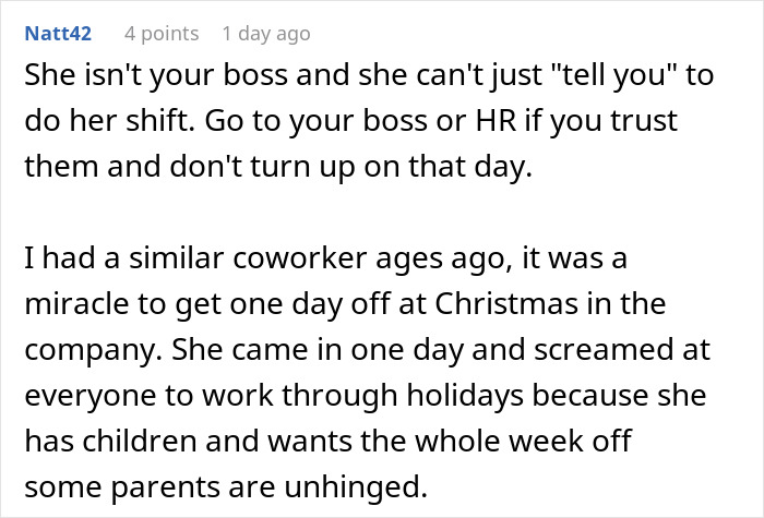 Comment discussing a coworker thinking she is entitled to Christmas day off because of her kids and work holiday struggles.