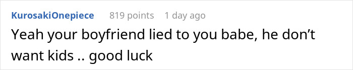 Comment text discussing a boyfriend lying about wanting kids and reacting to pregnancy announcement with a hissy fit. Comment text discussing a boyfriend lying about wanting kids and reacting to pregnancy announcement with a hissy fit.