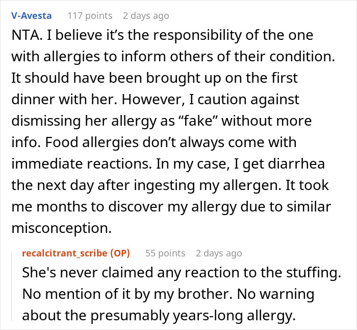 Reddit conversation discussing woman calling out sister-in-law for pretending to have a food allergy last year. Reddit conversation discussing woman calling out sister-in-law for pretending to have a food allergy last year.