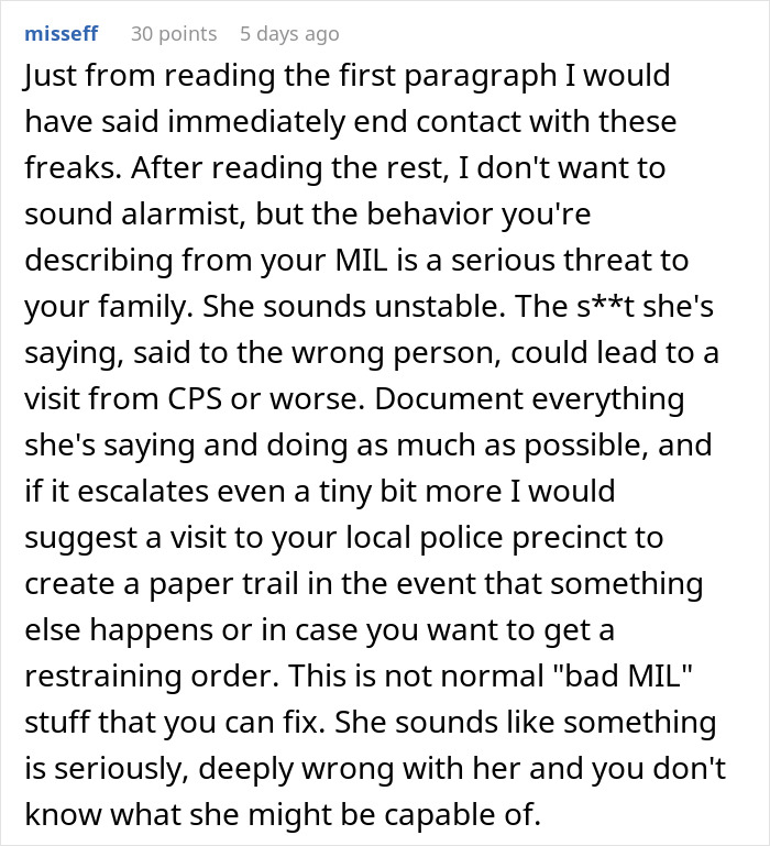 Comment warning about unstable MIL behavior as a serious threat to family after premature birth disbelief.