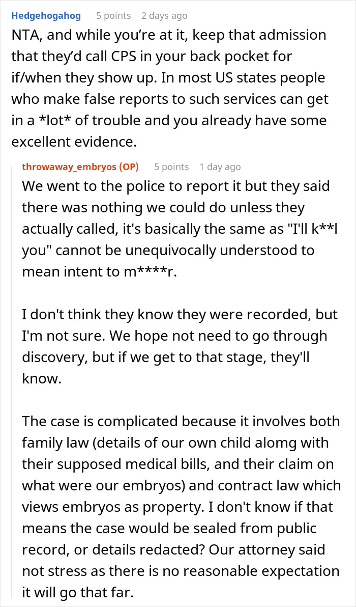 Screenshot of an online discussion about a couple deciding to destroy their embryos after a friend's true colors emerge.