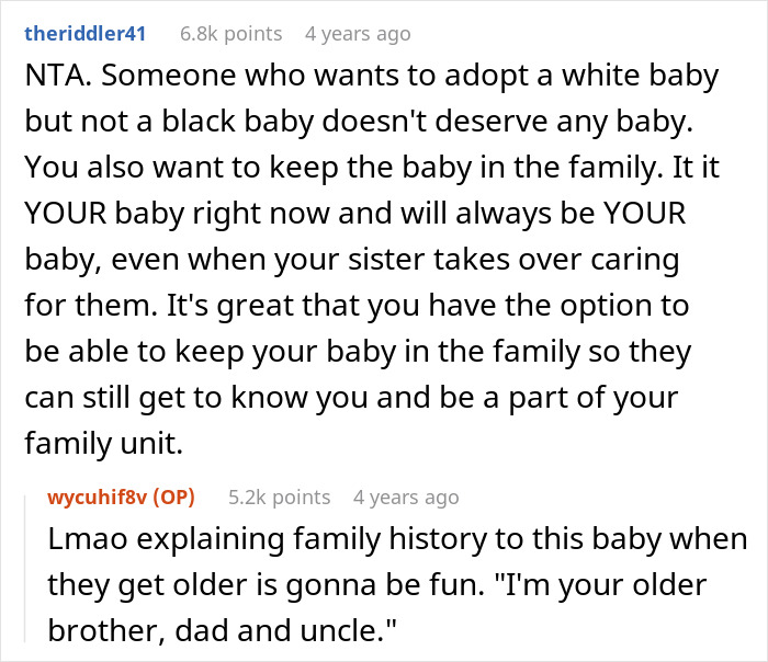 Reddit discussion about adopting a white baby and keeping the baby in the family amid racism concerns. Reddit discussion about adopting a white baby and keeping the baby in the family amid racism concerns.