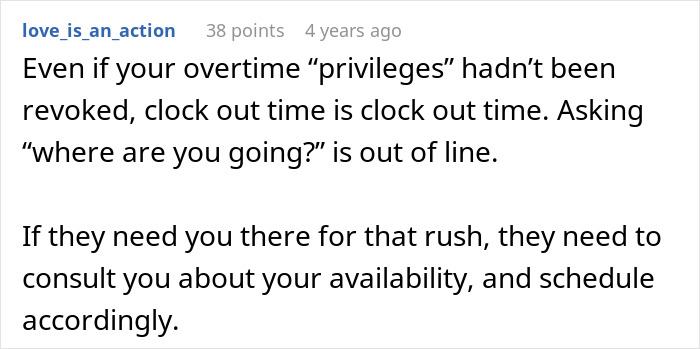Screenshot of a Reddit comment discussing workplace rules and scheduling conflicts in a coffee shop setting.