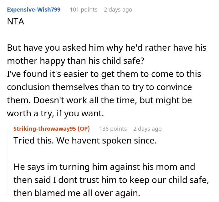 Screenshot of a Reddit conversation discussing a woman banning her MIL&rsquo;s creepy husband and its impact on her marriage.