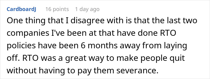 Commenter explaining how return-to-office policies can be subtle red flags indicating job safety risks and potential layoffs. Commenter explaining how return-to-office policies can be subtle red flags indicating job safety risks and potential layoffs.