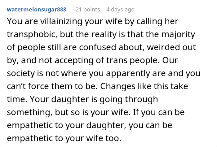 Comment discussing wife&rsquo;s transphobic reaction after son comes out, with husband feeling family is imploding and tensions rising.