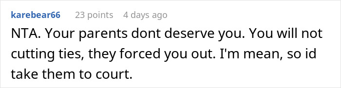 Screenshot of a Reddit comment discussing a man cutting off parents after their revenge over his small wedding plans.