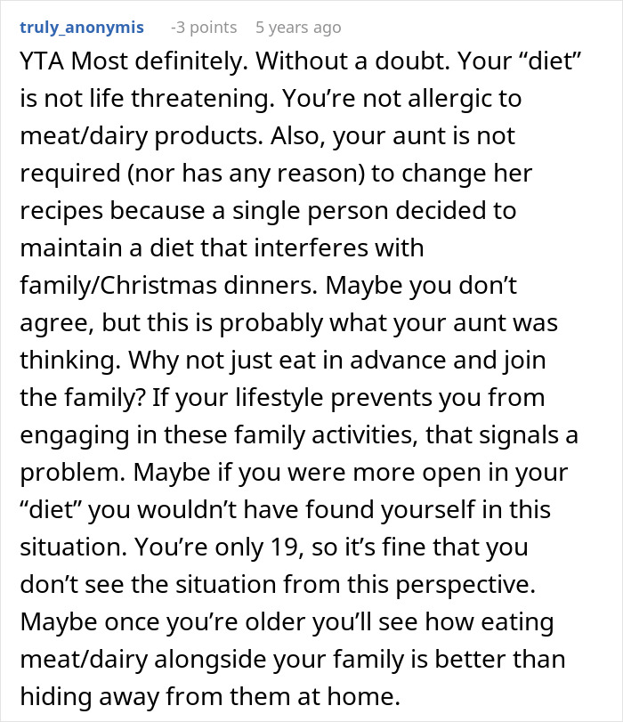 Comment discussing the challenge of no vegan options at Christmas Eve dinner and family dietary disagreements. Comment discussing the challenge of no vegan options at Christmas Eve dinner and family dietary disagreements.