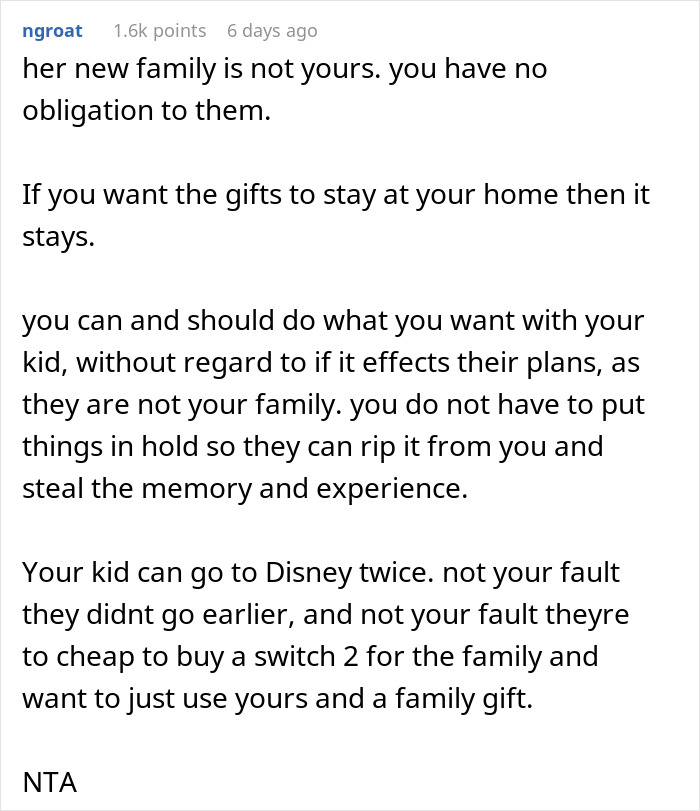 Comment about dad protecting his son’s gift from ex’s new family, highlighting drama and family conflict.