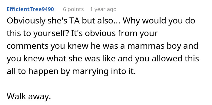Commenter advises walking away from a toxic MIL who insists on wearing a white dress to son's wedding. Commenter advises walking away from a toxic MIL who insists on wearing a white dress to son's wedding.
