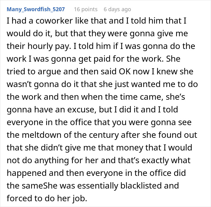 ALT text: Text post about a coworker refusing to fix her mistake and getting mad when the call is handed back to her. ALT text: Text post about a coworker refusing to fix her mistake and getting mad when the call is handed back to her.