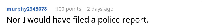 User comment on Reddit with text about filing a police report, displayed in a typical forum interface with username and points.