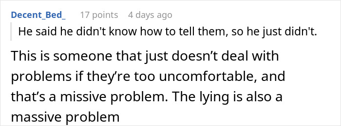 Reddit comment discussing a woman rethinking her engagement after fiancé’s lie about her family during holiday dinner.
