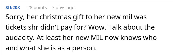 Comment discussing a grandma’s savage holiday clapback against an entitled ex-daughter-in-law over Christmas gifts. Comment discussing a grandma’s savage holiday clapback against an entitled ex-daughter-in-law over Christmas gifts.