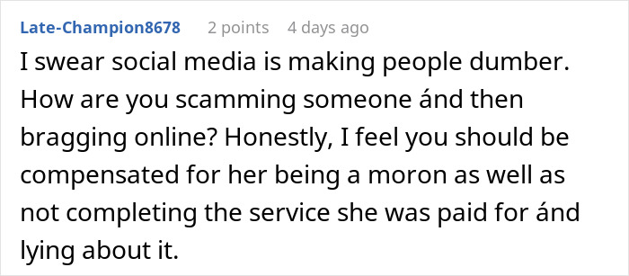 Screenshot of a social media comment criticizing a makeup artist pretending to be sick to avoid a wedding service scam.