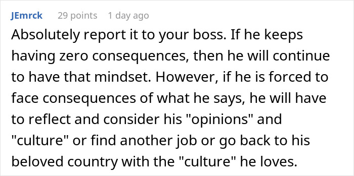 Comment advising to report coworker who told a woman to stay home and birth babies to address workplace conflict.