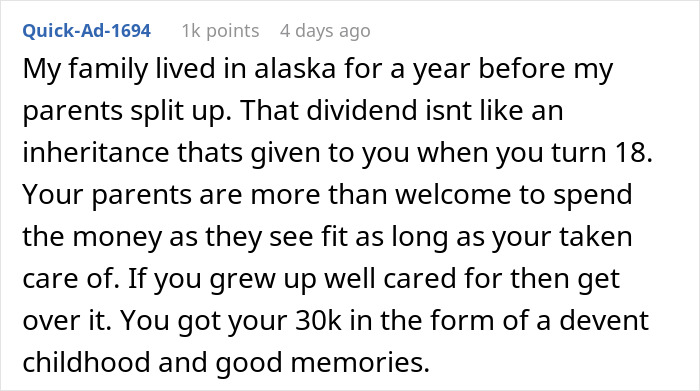 Screenshot of an online comment discussing a teen’s $30k dividend, parenting, and conflicting views on money and care. Screenshot of an online comment discussing a teen’s $30k dividend, parenting, and conflicting views on money and care.