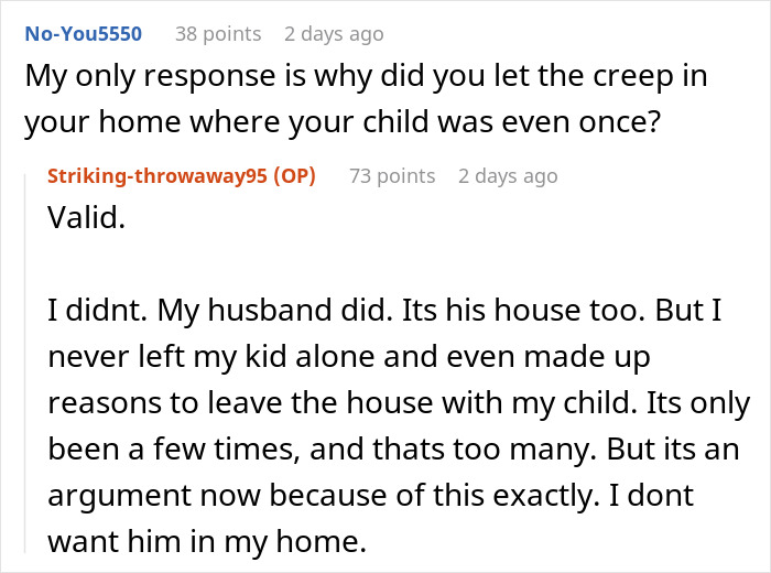 Reddit comments discussing banning MIL&rsquo;s creepy husband from home and its impact on marriage fallout.
