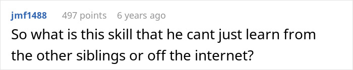 Screenshot of a Reddit comment questioning why the man can’t learn craft skills from siblings or the internet.