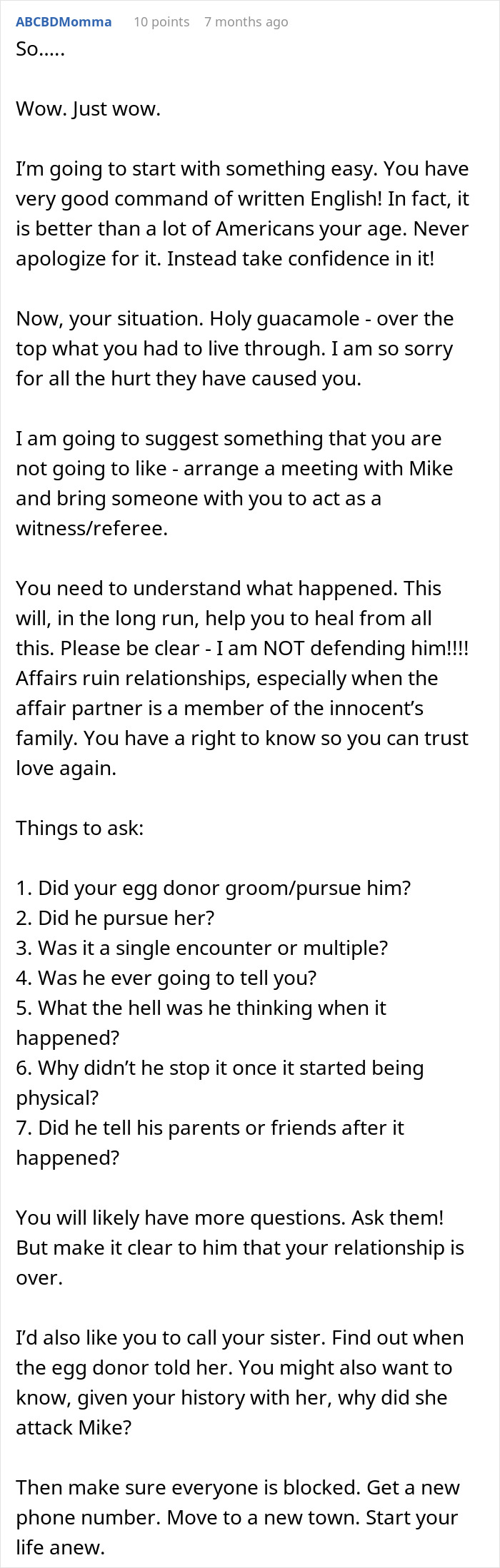 Screenshot of a heartfelt online comment offering advice about a bride learning her groom cheated with her mom. Screenshot of a heartfelt online comment offering advice about a bride learning her groom cheated with her mom.