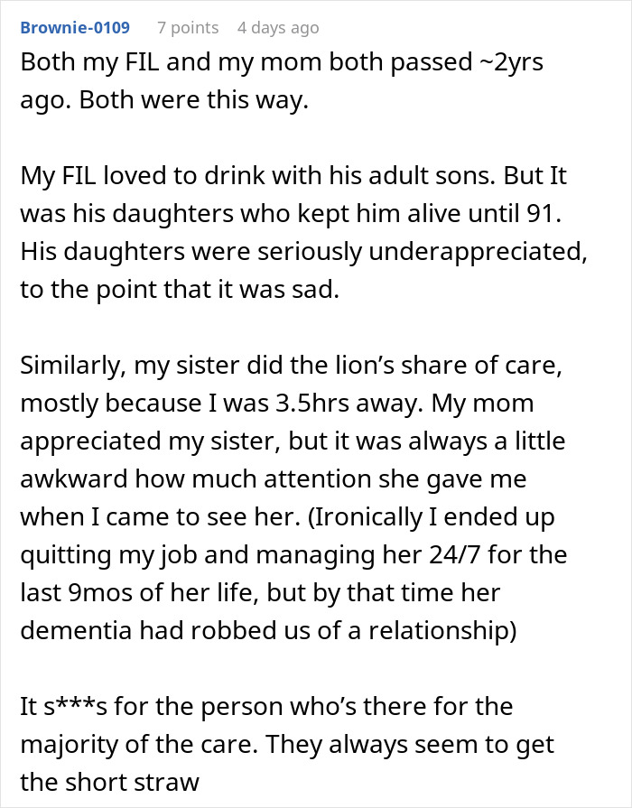 Comment discussing how a woman is blinded by flowers from her son and doesn’t see her daughter’s care efforts.