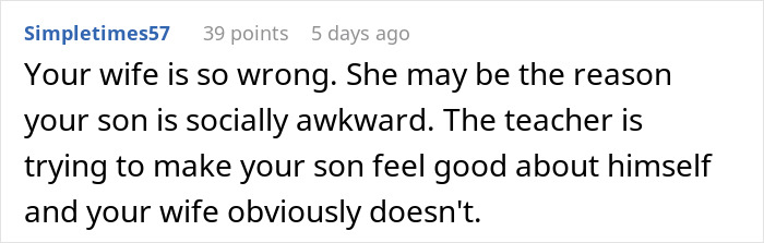 Screenshot of a comment discussing mom furious over teacher's inappropriate note to her son and dad's conflicting opinion. Screenshot of a comment discussing mom furious over teacher's inappropriate note to her son and dad's conflicting opinion.