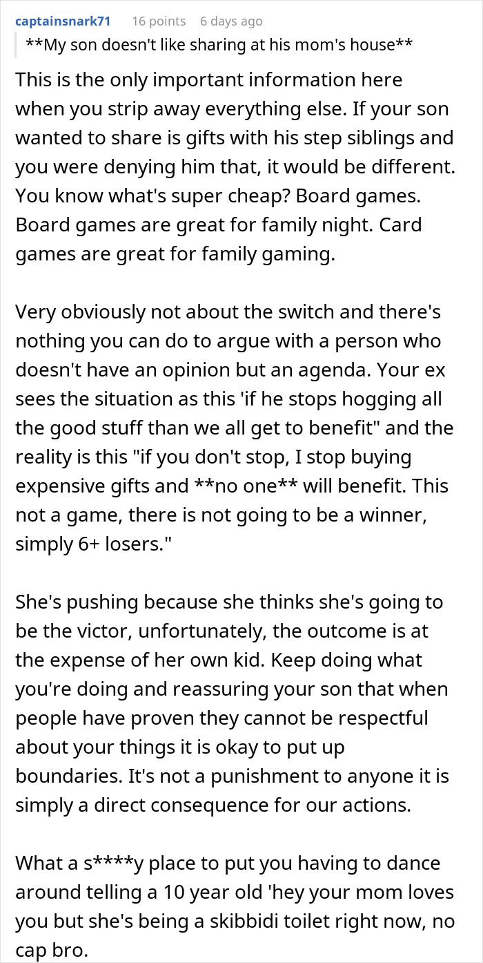 Reddit comment discussing a dad trying to protect his son’s gift from his ex’s new family drama. Reddit comment discussing a dad trying to protect his son’s gift from his ex’s new family drama.