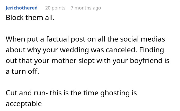Comment about wedding canceled after bride finds out groom cheated with her mom shared on social media. Comment about wedding canceled after bride finds out groom cheated with her mom shared on social media.