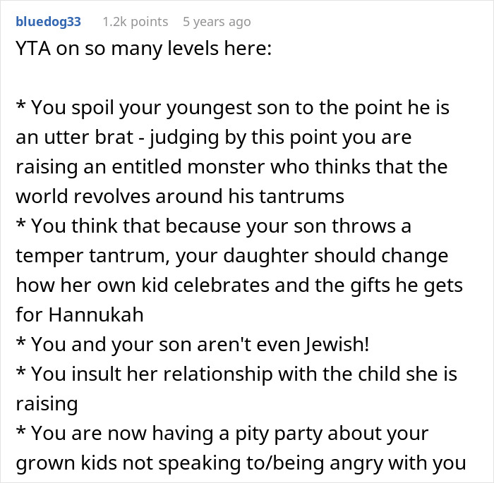 Comment criticizing dad for demanding family skip Hanukkah gifts due to son's tantrums and spoiled behavior.