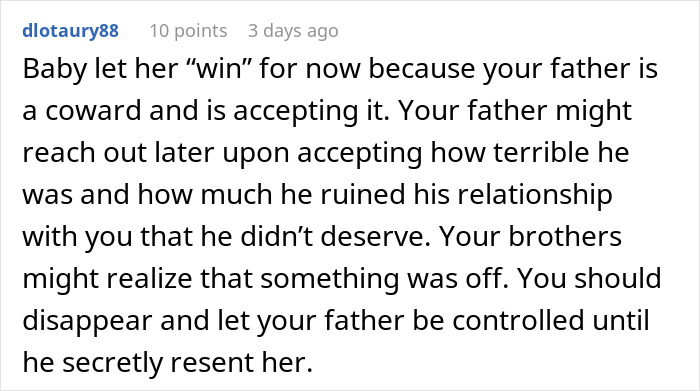 Comment discussing a teen’s feelings about insecurity and realizing their stepmother’s true colors in a family conflict. Comment discussing a teen’s feelings about insecurity and realizing their stepmother’s true colors in a family conflict.