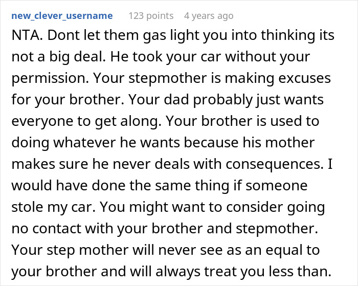 Screenshot of a text comment discussing a woman’s half-brother stealing her car and family turning against her.