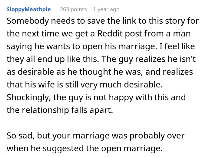 Reddit comment discussing a man who pushes for open marriage but finds it too insane and insecure to handle.