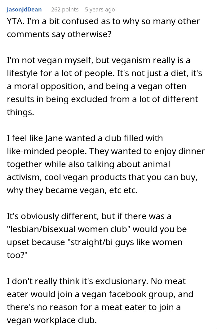 Text from an online forum discussing employee pushback against a vegan-only club and starting beef in the workplace. Text from an online forum discussing employee pushback against a vegan-only club and starting beef in the workplace.