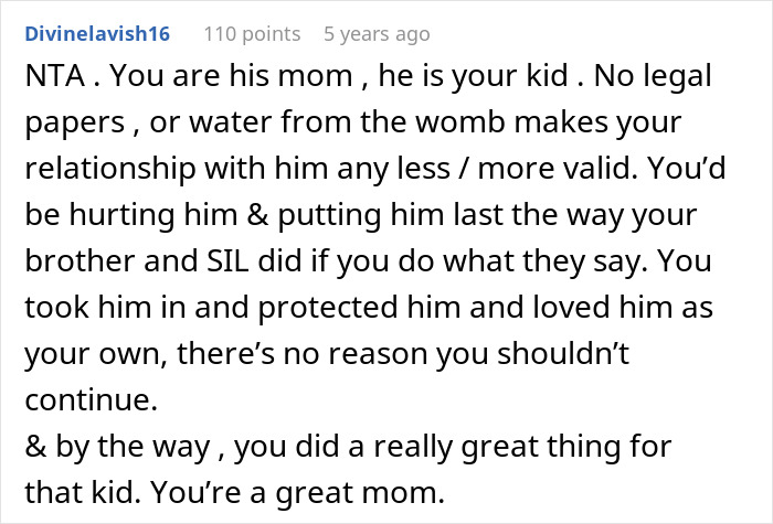 Comment discussing a woman being called mom by her nephew and defending her role despite no legal or biological ties.
