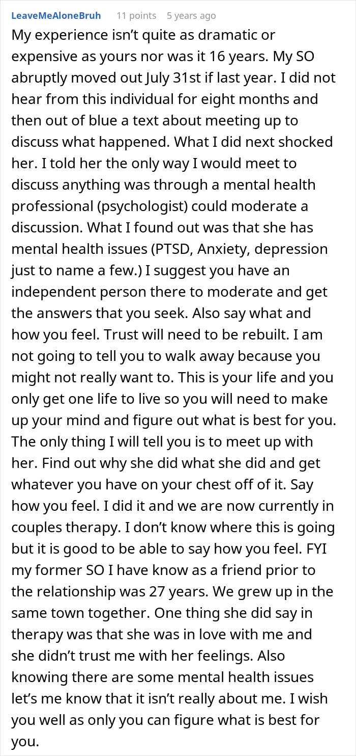 Comment sharing experience of a man left without closure by fiancé who disappeared and contacted him years later. Comment sharing experience of a man left without closure by fiancé who disappeared and contacted him years later.