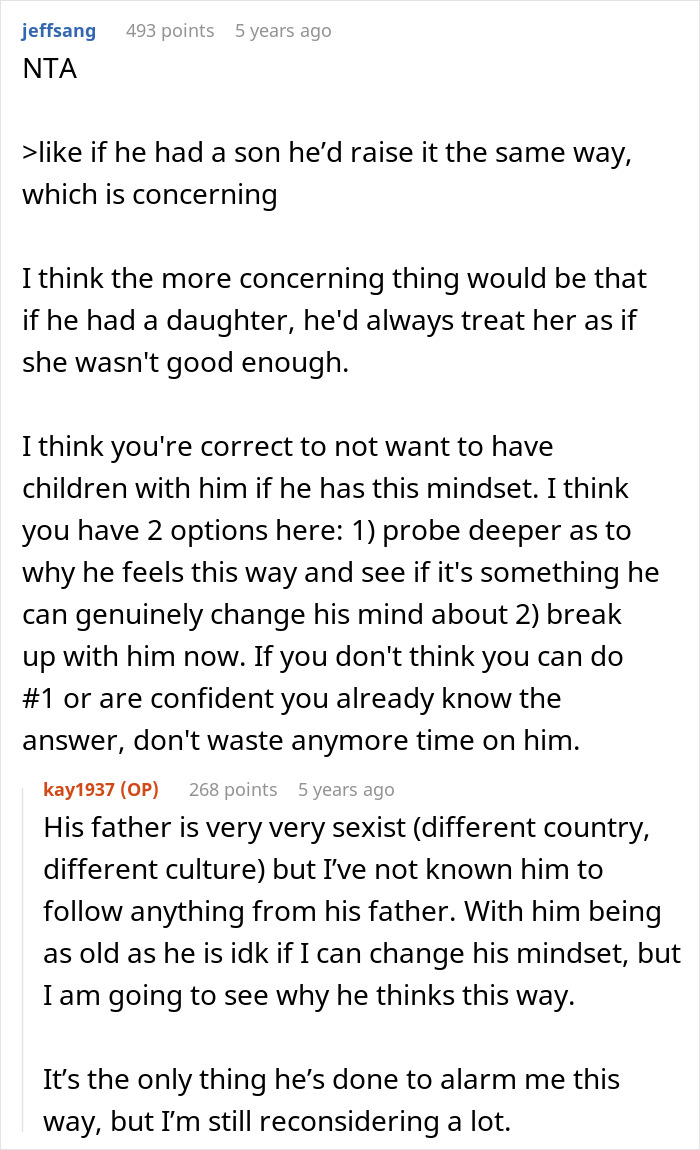 Text discussion about a woman appalled by her boyfriend’s sexist mindset on loving only boys and future kids concerns. Text discussion about a woman appalled by her boyfriend’s sexist mindset on loving only boys and future kids concerns.