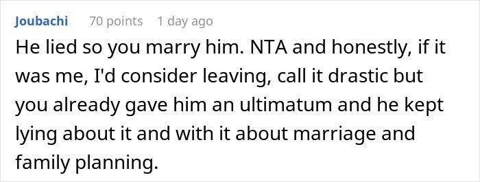 Comment discussing the impact of a husband's lie on marriage and family planning decisions after trust is broken.