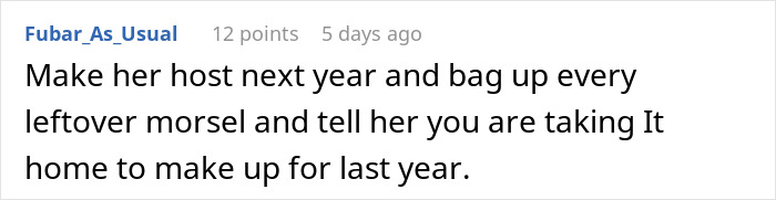 Text comment about hosting an expensive Thanksgiving dinner and dealing with missing leftovers after the event.