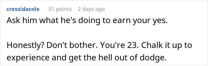 Screenshot of a Reddit comment advising a woman on earning an engagement ring after 4.5 years together, sparking drama.